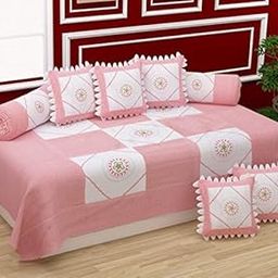 Castiqa Cotton Fabric Embroidery Patterns Loopi Design Diwan Set Covers 8 Pcs Bedsheet 2 Bolsters and 5 Cushion Covers (Pink, Peach)-image-32
