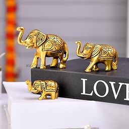 ascension Set of 3 Metal Trunk Up Elephant Family Statue Showpiece Figurine Fengshui Vastu Lucky Decorative Items for Home Decor Living Room Office Desktop Decoration & Gifting (Golden)-image-65