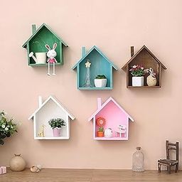 Extend Crafts Wall Beautiful Hut Shape Floating Hanging Rack Storage Shelf Display Unit Shelves For Living Room Bedroom Home Decoration Items Set Of 5 (Multicolor 3, Glossy,Engineered Wood)-5