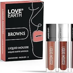 Love Earth Liquid Mousse Lipstick Browns Matte Finish Mini Combo Pack | Lightweight, Non-Sticky, Non-Drying,Transferproof, Waterproof Lipstick Set | (2Ml X 3) 6ML-56