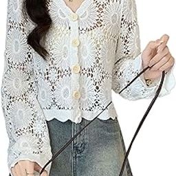 Women's Retro Style Boho V-Neck Long Sleeve Crochet Hollow Out Botton-up Crop Cardigan Top Shirt DN423-image-48