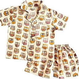 Unisex Cotton Hoot & Chill Owl Printed Shorts Nightsuit Set for Kids (Boys & Girls)-98
