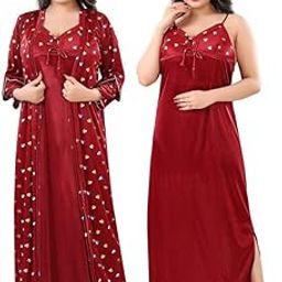 Women's Satin Solid Maxi Length Nighty with Robe-Sleeveless Nightwear Set-Free Size (Red)-image-33