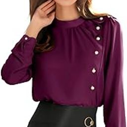Women's Stylish Office Wear Top | Elegant Long Sleeve Blouse with Pearl Buttons | High Neck Solid Purple Shirt | Trendy Western Tops for Women | Workwear Shirt for Ladies-91