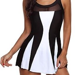 Womens Swimsuits Tummy Control Swim Dress One Piece Swimsuit Plus Size Swimwear V Neck Bathing Suits Swim Dress, A Black White/1pc, 16-18-image-80