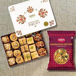 ASHA SWEETS Combo Gifting Pack of Baklava Assorted Sweets 500g with Navrathana Mixture 250gm | Premium Sweets Perfect For Gifting And Snacking | Turkish Delight Made With Fresh Ingredients With Tea Time-1