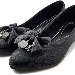 Women's Black Ballet Flats with Decorative Bow, Textured Leather-Look, Comfort Stitched Insole-19