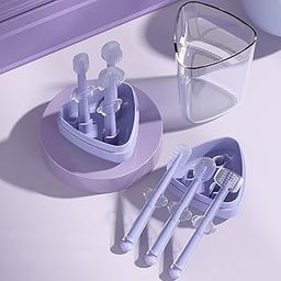 Baby Silicone Toothbrush Training Set with Case Holder Soft Bristle Infant Toddler Oral Care Teething Brush 4 Piece Starter Kit for Kids Dental Hygiene Easy Grip Handle with Storage Stand and Cup-image-12