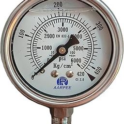 Hydraulic Pressure Gauge, 63mm (2.5inch), 0-6000 PSI (0-420 Kg/cm²), SS304 Casing, +/-2% (1/2" BSP)-18