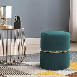 Ereteken ART Velvet Round Ottoman Foot Rest Stool Linen Fabric Padded Seat Pouf Ottoman with Round Shape for Living Room (Dark Green)-image-89