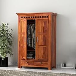 Krishna Wood Decor Wooden Wardrobe Bedroom Furniture Living Room || Wood Almirah Cabinet Storage Shelves || Cupboard Clothes Organizer Wardrobe 2 Door Medium Size || Honey Finish-image-9
