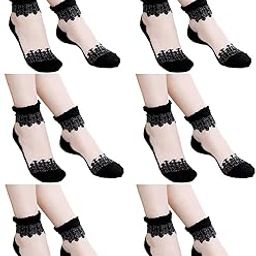 Cotson Pack of 6 Black Ultra-Thin Transparent Crystal Lace Socks for women/Girl's (Ankle Length)-30