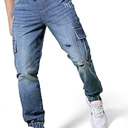 Men Mid Rise Regular Fit Solid Mid-Rise Stretchable Denim Cargo Joggers-image-1