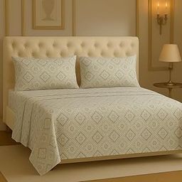 BSB HOME Microfiber Cotton 4 Pcs Bedding Set for King Size Double Bed (78x72 Inches) – 1 Fitted Bedsheet with Elastic + 1 Flat Top Sheet + 2 Pillow Covers | Elegant Prints (Color - Off White Grey)-image-7