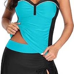 Womens Tankini Swimsuits with Skirt Two Piece Ruched Bathing Suits Push Up Swimwear Light Blue M-image-12