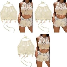 PALAY® Womens Summer Beach Backless Crochet Halter Bikini Crop Top Hollow Out Tassle Embroidery Knit Boho Beachwear X 3-picture-56
