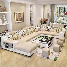 Torque - Callister 12 Seater Interchangeable Sofa for Living Room (Left Side, Beige & White) | Large U Shape Fabric Sofa Couch with 4 Puffy & Storage | 3 Years Warranty-image-3