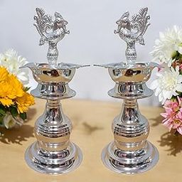 Sigaram 7x3 Inch German Silver Peacock Handle Diya for Home & Temple Festival Décor K4132-image-69