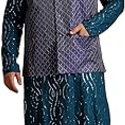 Plus (Since 1958) Men's Cotton Designer Teal Kurta with White Pyjama & Nehru Jacket-image-2