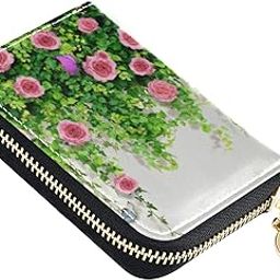 Pink Rose Flower Leaves RFID Credit Card Wallet, Microfiber Leather Zipper Card Case Holder for Women-image-75