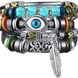 Needs Evil Eye Leather Bracelet, Multi-layer Leaf Charm Design, Blue, Unisex-image-5
