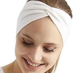 Women's Stretchy Knotted Twist Soft Cotton Headbands, Solid Colour, Non-Slip Fashion Sports Hair Bands for Women Yoga, Workout, Running (White, 1 Size)-image-5