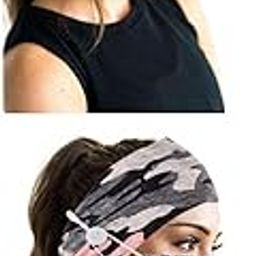 LICHTS®2 Sets Buttons Headband with Face Mask Pink Camouflage+Black Flower|Clothing, Shoes & Accessories | Womens Accessories | Hair Accessories|2 Sets Headband with on Mask-image-65
