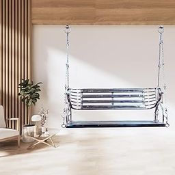 VNF S.S Hanging Swing Chair for Adults - Silver Finish | Hammock Hanging Swing for Balcony, Home Indoor & Outdoor Area | Strong Teakwood & Stainless Steel Made Washable Jhula Swing - 4.5 Feet-image-48