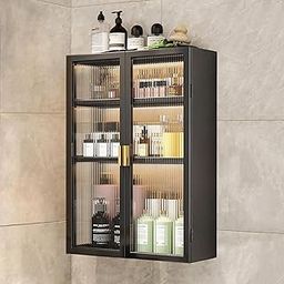 MIORAH Bathroom Wall Hanging Shelf Storage Cabinet | 3 Layer No-Drill Organizer with Door | Carbon Steel & Polycarbonate | Dual Installation with Drill or Adhesive | 50 cm, Black Washroom Almirah-0