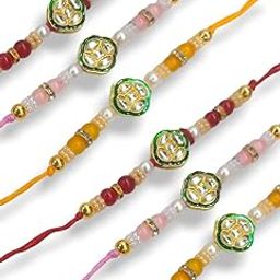 Traditional Kundan Rakhi Set, Handcrafted Pearl and Beaded Design, Multicolour Thread, Pack of 6-5