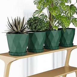 Kemendra® 6 inch Plant Pots with Drainage Holes and Tray Saucers 5 Pack Flower Pots Outdoor Indoor - Ideal for Indoor Plants, Succulents, and Small Pots for Plants (Round Diamond Blackish Green, 5)-image-92