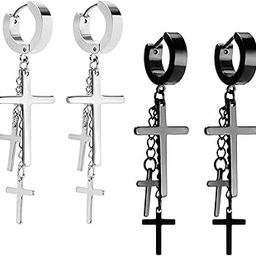 Cross Tassel Stainless Steel Urban Huggie Hinged Hoop Dangle Earrings-image-0