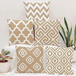 STITCHNEST Beige Geometrical Ikat Ethnic Printed Poly Cotton Cushion Covers, Beige Set of 5 (16 x 16 Inches)-9