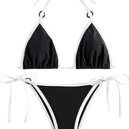 Women's Swimsuit Contrast Binding Ring Detail Halter Triangle Tie Side Bikini Swimsuit Beachwear-image-88