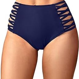 Women High Waisted Bikini Bottoms Tummy Control Swimsuit Bottoms Strappy Swim Bottom, Navy Blue, Small-image-13