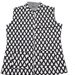 Women's Black White Cotton Quilted Reversible Printed Sleeveless Jacket-image-90