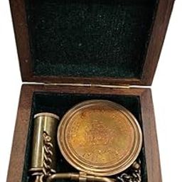 Vintage Brass Sundial Compass and Mini Telescope Set with Wooden Box, Maritime Navigation Collection Perfect for Gifting-picture-2