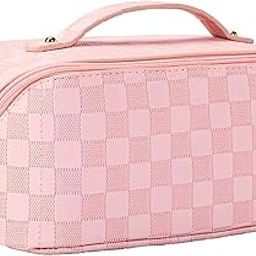 Leather Travel Makeup Bag,Large Capacity Cosmetic Bags For Women, Waterproof Portable Pouch Open Flat Toiletry Make Up Organizer WITH Divider And Handle, Multi Color (Pink - Checkered)-image-47