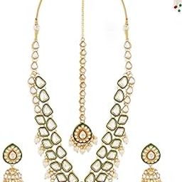 Green Meenakari Dazzling Stones Beads Bridal Necklace Earring & Maangtikka Set For Women-ZPFK18886-5