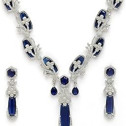 Silver Toned Rhodium Plated Brass Elegant Emeralds Bloom American Diamond Necklace & Earring Jewellery Set for Women & Girls-image-37