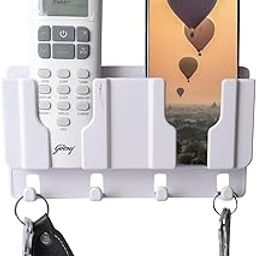 WALLVIEW TECH Plastic Wall Mount Mobile Holder with Remote Control Storage Racks, Key Hanger, Pen Holder Space/Self-Adhesive/Multi Purpose Accessories (White)-21
