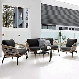 OUTLIVING Braid & Rope Patio 4 Seater Sofa Set with Centre Table for Outdoor Garden Balcony (Tan-Black)-image-29