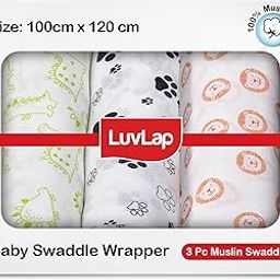 LuvLap 100% Cotton Muslin Baby Swaddle Set, Pack of 3, Size-120cm x 100cm (47"x39"), Animals Printed on White, 0-18 Month+, Printed Mulmul Muslin Swaddle Wrap for New Born Baby, Baby Towel-image-6