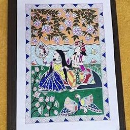 MITHILA PAINTING/MADHUBANI PAINTING OF RADHA KRISHNA -FULLY HAND MADE- Radha krishna vrindavan madhubani painting 12×16 inch with frame-image-41
