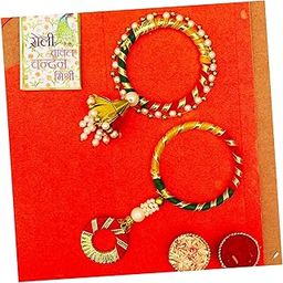 Designer Lumba Chuda Hanging Rakhi for Bhabhi | Kada Rakhi For Women Set of 2 pairs bangles with hangings with Tilak Set | Raksha Bandhan Greeting Card-image-48
