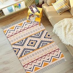 Urban Space 100% Cotton Tufted Carpet for Living Room, Dhurrie Floor Carpet, Thick Bohemian Printed Rug for Bedroom with Tassels (3 ft x 5 ft, CPRugs007)-picture-0