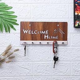 Deskart Wooden Key Holder | Welcome Home Key Stand with Self Adhesive Wall Mounting and 6 Modern Steel Key Hooks for Home and Office Decoration and Stylish (Modern)-image-5