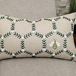 Rudransha 14x24 Natural Linen Lumbar Pillow Cover - Green Bumble Bee Embroidery - Decorative Rectangular Throw Cushion Case for Couch, Sofa, Bed, Living Room - Boho Farmhouse Home Decor-image-55