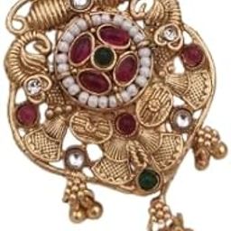 Matte Polish Traditional Saree Pin for Women Antique Gold Brooch with Red-Green Stones, Floral Motif & Hanging Pearl Ethnic Saree Clip-15
