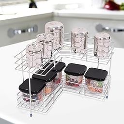NH10 DESIGNS Stainless Steel L Corner Shape |Double Layer 2-Tier| Stand/Shelf for Kitchen Utensils Rack | Modular Kitchen Storage Rack | Kitchen Organizer Silver (Pack of 1)(NHSP)-28
